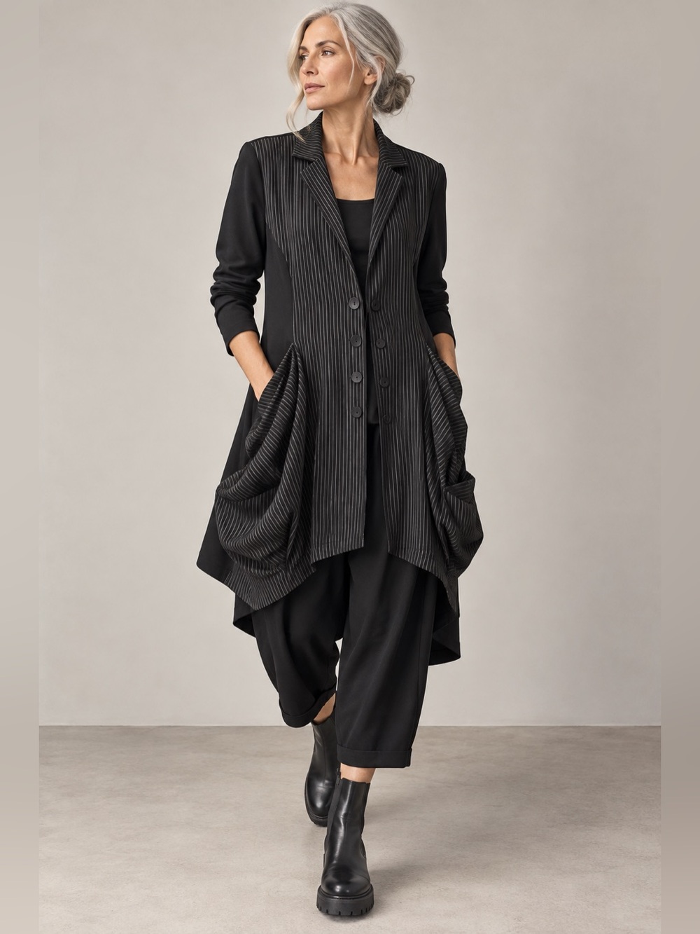 ALEMBIKA Black Pinstripe Sculptural Lagenlook Long Jacket Sz 4